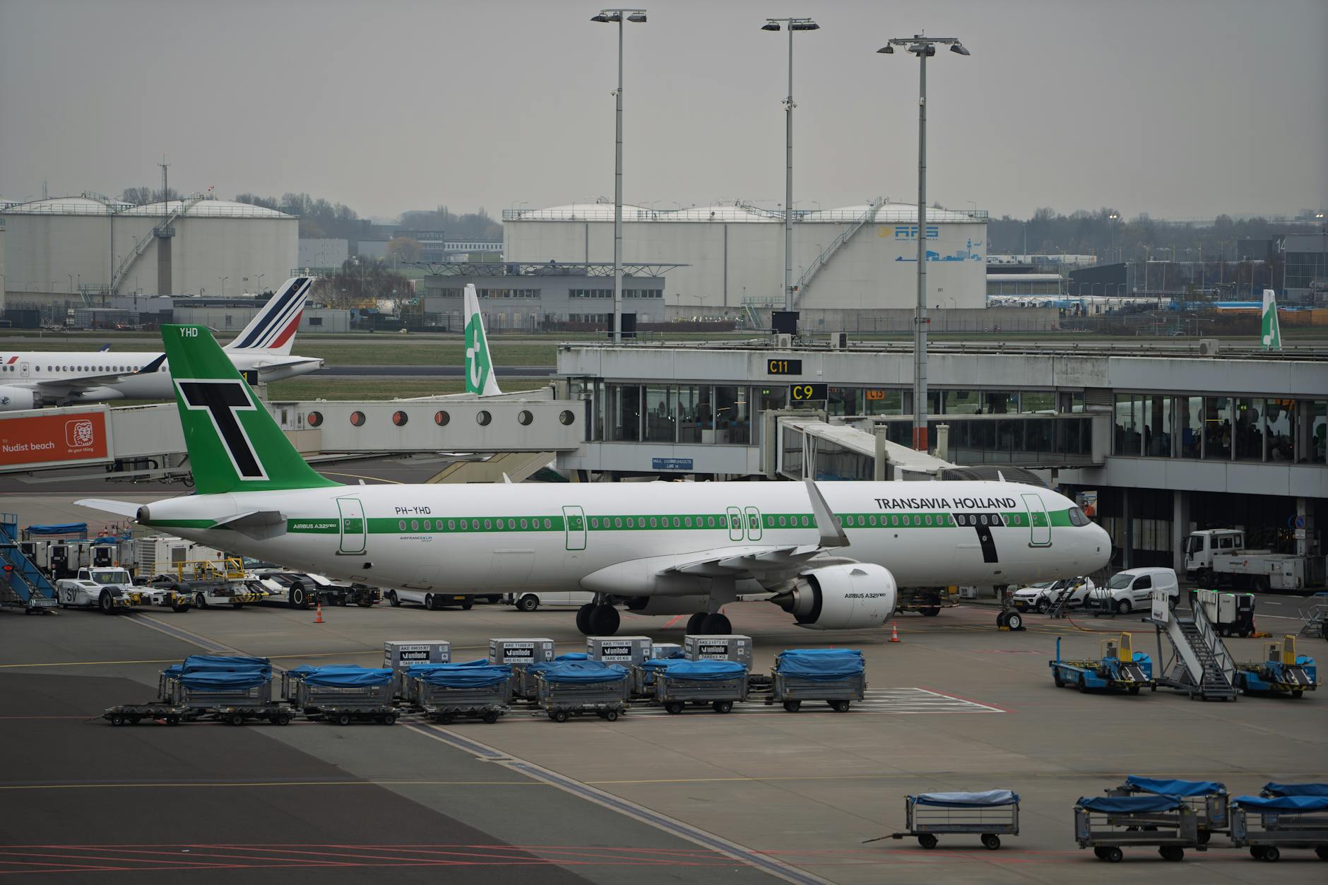 Transavia Holland airplane parked at the airport gate, ready for boarding.
