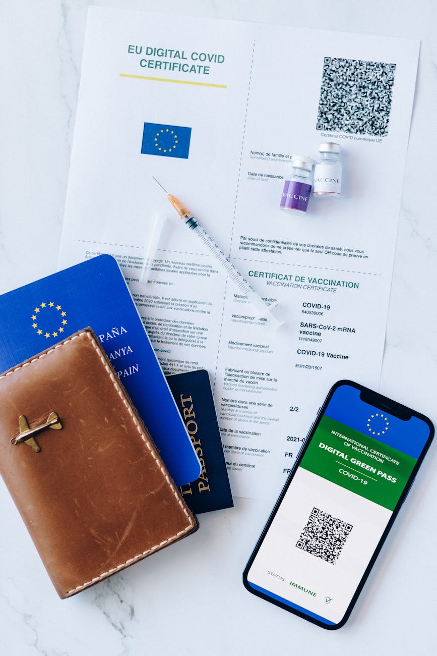 EU Digital COVID Certificate with passport and vaccination details for safe travelers.