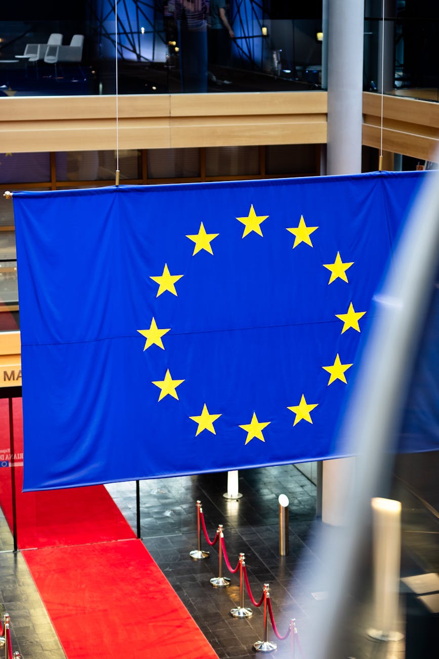 European Union flag hanging inside Strasbourg's Parliament building with a red carpet.