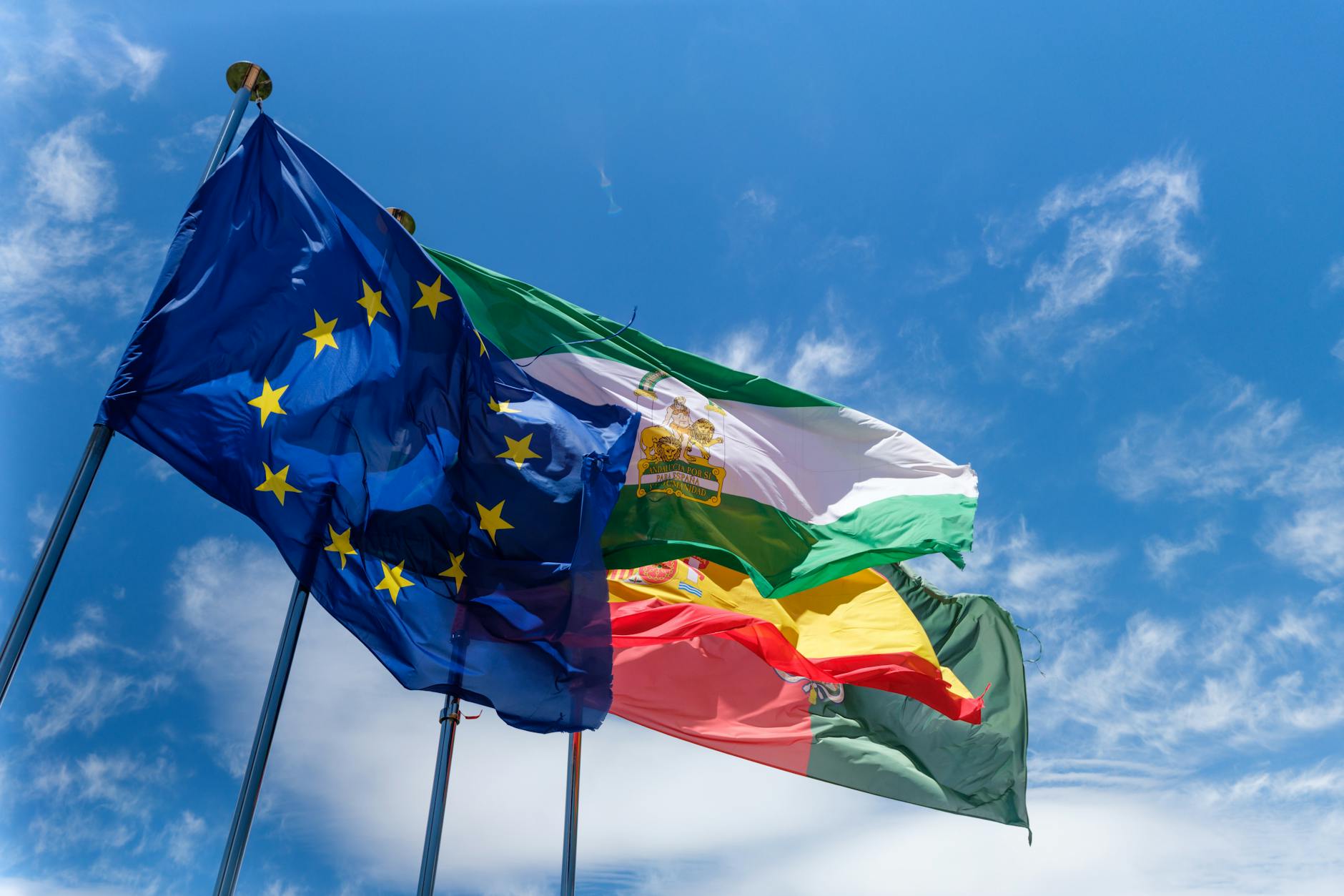 Low angle shot of European Union flags waving against a clear blue sky, symbolizing unity.