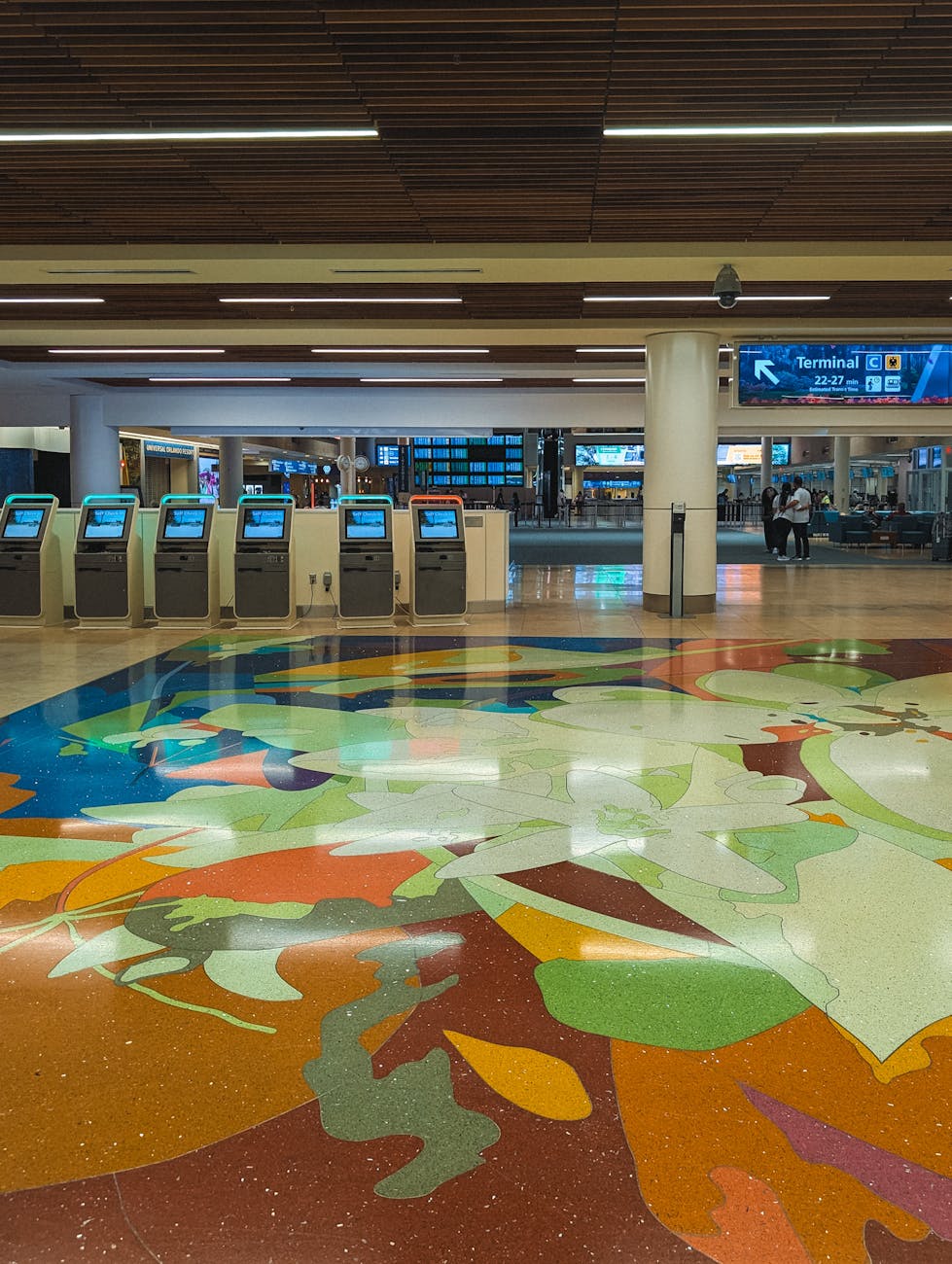 Colorful floor art in the terminal at Orlando International Airport, Florida.