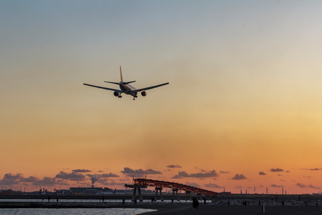 silhouette of airplane flying over the city during sunset